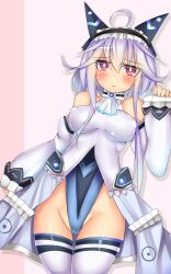 1girl ahoge bare_shoulders bodysuit breasts emil_chronicle_online frilled_hairband frills hairband highleg highres horns jitome kutan large_breasts mecha_musume mechanical_horns mitama_aria raised_inner_eyebrows red_eyes simple_background skin_tight standing variant_set