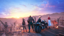 2girls 3boys aerith_gainsborough back barret_wallace black_skirt black_thighhighs bow buster_sword cloud_strife copyright_notice cropped_jacket dark-skinned_male dark_skin dress final_fantasy final_fantasy_vii final_fantasy_vii_remake from_behind hair_bow highres jacket motor_vehicle motorcycle mountainous_horizon multiple_boys multiple_girls official_art pink_dress red_footwear red_jacket red_xiii road skirt spiked_hair square_enix sunrise tail thighhighs tifa_lockhart vest weapon weapon_on_back