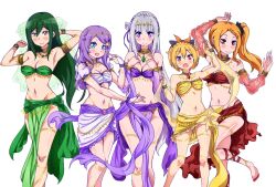 5girls anastasia_hoshin armpits blonde_hair blue_eyes blush breasts cleavage clothing_request commentary commission crusch_karsten dancer emilia_(re:zero) english_commentary felt_(re:zero) green_hair grey_hair long_hair looking_at_viewer medium_breasts multiple_girls navel open_mouth orange_hair pixiv_commission priscilla_barielle purple_eyes purple_hair re:zero_kara_hajimeru_isekai_seikatsu red_eyes side_ponytail small_breasts smile tatigami white_background yellow_eyes