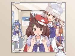 3girls ahoge animal_ears blouse blue_eyes blue_hair bow bowtie braid brown_eyes brown_hair cabbie_hat calendar_(object) chipushishi commentary_request cowboy_shot drawer ear_bow glasses hat heterochromia highres horse_ears horse_girl horse_tail ikuno_dictus_(umamusume) long_hair looking_at_mirror looking_at_viewer matikane_tannhauser_(umamusume) medium_hair mirror multicolored_hair multiple_girls nice_nature_(umamusume) orange_hair pleated_skirt puffy_sleeves purple_bow purple_bowtie purple_eyes red_headwear reflection sailor_collar school_uniform scissors serafuku shampoo shampoo_bottle sharp_teeth shirt short_sleeves sidelocks single_braid skirt streaked_hair summer_uniform table tail teeth thighhighs tracen_school_uniform twin_turbo_(umamusume) twintails umamusume upper_body white_sailor_collar white_shirt white_thighhighs yellow_eyes
