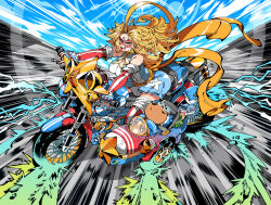 1girl blonde_hair blue_eyes breasts capybara cleavage cleavage_cutout clothing_cutout covered_navel earrings elbow_gloves fingerless_gloves gloves jewelry kafun kamen_america kamen_america_(comic) large_breasts long_hair looking_at_viewer motor_vehicle motorcycle open_mouth ribbon star_(symbol) star_earrings superhero_costume teeth upper_teeth_only yellow_ribbon