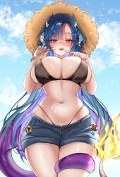 1girl absurdres bikini black_bikini blue_hair blush breasts breasts_squeezed_together brown_eyes cloud cloudy_sky colored_inner_hair curtained_hair day dragon_girl dragon_horns dragon_tail eyelashes fiery_tail fingernails forehead from_below gradient_hair grey_pants hashtag-only_commentary hat highleg highleg_bikini highres horns indie_virtual_youtuber large_breasts long_hair looking_at_viewer miuq_chan multicolored_hair navel open_mouth outdoors pants purple_hair short_shorts shorts sky solo sparkle sparkling_aura stomach straight-on straw_hat swimsuit tail tail_wrap vienna_(vtuber) vienna_(vtuber)_(farmer) virtual_youtuber