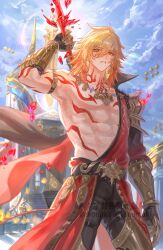 1boy absurdres black_pants cheek_tattoo cloud cloudy_sky cowboy_shot earrings gauntlets highres honkai:_star_rail honkai_(series) jewelry looking_at_viewer male_focus medium_hair messy_hair muscular muscular_male mydei_(honkai:_star_rail) orange_eyes orange_hair pants parted_lips red_tattoo single_earring sky solo tanemaki_monaka tattoo teeth twitter_username watermark