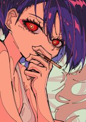 1girl abstract_background artdroiiid_ii cigarette close-up closed_mouth commentary english_commentary eyelashes from_side hand_to_own_mouth highres holding holding_cigarette looking_at_viewer original purple_hair red_eyes short_hair sleeveless smoke smoking solo tank_top turning_head upper_body white_tank_top