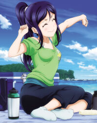 1girl aqua_shirt artbook blue_sky blush bottle bra_strap closed_eyes cloud cooler day green_shirt highres indian_style long_hair love_live! love_live!_sunshine!! matsuura_kanan non-web_source off-shoulder_shirt off_shoulder official_art outdoors pants ponytail purple_hair shirt sidelocks sitting sky smile socks solo stretching t-shirt water_bottle white_socks
