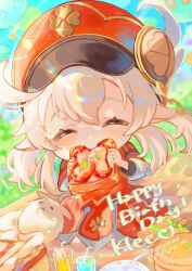1girl 2022 absurdres ahoge artist_name blonde_hair bread bread_slice character_name child closed_eyes closed_mouth commentary cup dated dress drink drinking_glass drinking_straw eating english_commentary facing_viewer food food_in_mouth fork genshin_impact giuniu_(unc_135) hair_between_eyes happy_birthday hat hat_feather highres holding holding_food klee_(genshin_impact) long_hair long_sleeves mixed-language_commentary newsboy_cap outdoors plate pointy_ears red_dress red_hat smile solo twintails watermark