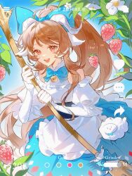 1girl :d absurdres animal_ears apron arknights bare_shoulders bell blue_bow blue_bowtie book bow bowtie brown_hair cake dress english_text eyjafjalla_(arknights) eyjafjalla_the_hvit_aska_(a_picnic_before_a_long_trip)_(arknights) eyjafjalla_the_hvit_aska_(arknights) flower food fork fruit gloves hair_bow highres holding horns long_hair long_sleeves looking_at_viewer off_shoulder official_alternate_costume open_mouth plant ponytail red_eyes sanye308 sheep sheep_ears sheep_horns smile solo strawberry very_long_hair white_dress white_flower white_gloves