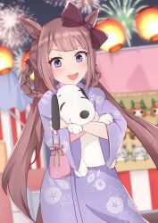1girl :d ahoge alternate_costume animal_ears blurry blurry_background bow braid braided_hair_rings brown_bow brown_hair commentary_request doll ear_bow fireworks floral_print funamori hair_rings highres hishi_miracle_(umamusume) holding holding_doll horse_ears horse_girl japanese_clothes kimono long_hair long_sleeves looking_at_viewer mask open_mouth peanuts_(comic) purple_eyes purple_kimono silence_suzuka_(umamusume) smile snoopy solo sweep_tosho_(umamusume) umamusume yukata