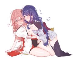 2girls @_@ arrow_(symbol) blush breasts cleavage closed_eyes dress fang flying_sweatdrops genshin_impact hand_on_another&#039;s_thigh heart highres japanese_clothes kimono large_breasts long_hair multiple_girls open_mouth pink_hair purple_eyes purple_hair purple_kimono purple_thighhighs raiden_shogun sideboob simple_background skin_fang str_kope thighhighs white_background white_dress yae_miko yuri