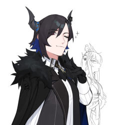 1boy 1girl black_cloak black_gloves black_hair black_horns black_vest blue_hair brother_and_sister cloak colored_inner_hair dasdokter fur-trimmed_cloak fur_trim gloves highres hololive hololive_english horns malphis_ravencroft_ii mole mole_under_eye multicolored_hair nerissa_ravencroft one_eye_closed pink_eyes shirt siblings vest virtual_youtuber white_shirt