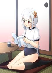 1girl black_buruma black_socks bob_cut book buruma check_commentary commentary_request cup full_body granbelm gym_shirt gym_uniform hair_ornament red_eyes seiza shibacha shirt short_hair sitting socks solo t-shirt tsuchimikado_kuon white_hair white_shirt yunomi