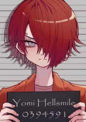 1boy character_name closed_mouth collared_shirt frown furrowed_brow grey_eyes hair_over_one_eye holding holding_sign looking_at_viewer male_focus master_detective_archives:_rain_code mugshot orange_shirt prison_clothes red_hair roro_6638 shirt short_hair sign solo straight-on upper_body yomi_hellsmile