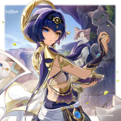 1girl absurdres ancient_egyptian ancient_egyptian_clothes arm_guards blue_eyes blue_hair bridal_gauntlets candace_(genshin_impact) cat commentary dark-skinned_female dark_skin english_commentary floating_hair genshin_impact heterochromia highres holding looking_at_viewer official_art outdoors parted_lips short_hair_with_long_locks solo vision_(genshin_impact) yellow_eyes