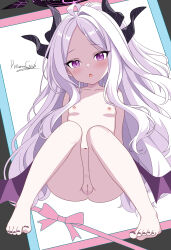 1girl :o absurdres ahoge ass bare_legs bare_shoulders barefoot black_halo blue_archive blush breasts collarbone completely_nude demon_girl demon_horns demon_wings dream.cat feet flat_chest halo highres hina_(blue_archive) horns knees_together_feet_apart loli long_hair looking_at_viewer low_wings multiple_horns nail_polish navel nipples nude open_mouth purple_eyes purple_nails pussy sitting small_breasts soles solo spread_legs summercat thighs toenail_polish toenails toes very_long_hair white_hair wings