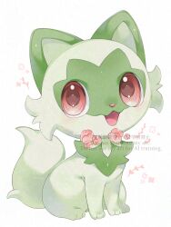 Rule 34 | blush, full body, highres, iwasi 29, looking at viewer, nintendo, no humans, open mouth, pokemon, pokemon (creature), red eyes, simple background, smile, solo, sprigatito, twitter username, watermark, white background