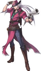 00s 1boy absurdres artist_request bird boots builts bullet coat cowboy_boots cowboy_hat crow dnf dnf_duel dungeon_and_fighter feathers full_body green_eyes groin gun gunner_(sekaiju) handgun hat highres jewelry long_hair looking_at_viewer male_focus male_gunner_(dungeon_and_fighter) male_ranger_(dungeon_and_fighter) necklace official_art pistol ponytail ranger raven red_coat revolvers shell_casing solo topless_male weapon white_hair