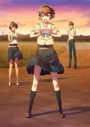 1boy 2girls absurdres adjusting_eyewear bad_tag bare_legs belt black_hair black_socks blue_bow blue_skirt blue_stripes bob_cut bow breasts brown_eyes brown_hair brown_shoes chest_bow chuo_tanegashima_high_school_uniform clenched_hands clothes_lift cloud cloudy_sky cropped_shirt daitoku_junna dark-skinned_female dark_skin floating_clothes fukuda_tomonori full_body game_cg glasses grass grey_eyes hair_between_eyes hidaka_subaru high-waist_skirt high_ponytail highres holding holding_tablet_pc kneehighs loafers looking_at_viewer multiple_girls non-web_source official_art orange_sky orange_theme outdoors pink_shoes pleated_skirt ponytail ponytail_with_braided_base purple_sky robotics;notes sailor_collar school_uniform senomiya_akiho shirt shoes short_hair short_sleeves skirt skirt_lift sky small_breasts smile sneakers socks spread_legs sunset tablet_pc thighs tree twilight v-shaped_eyebrows white_sailor_collar white_shirt white_socks worried