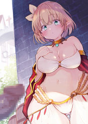 1girl arm_at_side bare_shoulders bikini blonde_hair blush breasts censored cleavage closed_mouth collarbone commentary_request cowboy_shot dancer dancer_(ragnarok_online) day elf erection gluteal_fold green_eyes groin hand_up highres jewelry large_breasts long_hair looking_at_viewer miya9 mosaic_censoring multi-strapped_bikini navel neck_ring o-ring o-ring_bikini o-ring_bottom o-ring_top outdoors penis pointy_ears ragnarok_online standing stomach strapless strapless_bikini swimsuit tube_top
