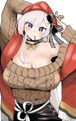 1girl absurdres aran_sweater arms_up azur_lane bare_shoulders belfast_(azur_lane) belfast_(shopping_with_the_head_maid)_(azur_lane) beret blush bow breasts bright_pupils cable_knit choker cleavage earrings food food_in_mouth hat hat_bow head_tilt highres hoop_earrings huge_breasts jewelry light_smile long_hair mouth_hold off-shoulder_sweater off_shoulder official_alternate_costume pocky pocky_in_mouth shawl solo sweater tekitou_nimo_hodo_ga_aru upper_body very_long_hair