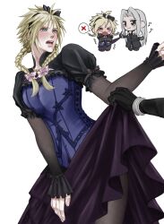 Rule 34 | 2boys, angry, black gloves, blonde hair, blue corset, blue eyes, blush, bow, braid, chibi, chibi inset, clothes pull, cloud strife, cloud strife (blue dress), corset, crossdressing, dress, dress pull, embarrassed, final fantasy, final fantasy vii, final fantasy vii remake, fishnet sleeves, fishnets, gloves, grey hair, highres, jewelry, male focus, miyabi120232, multiple boys, official alternate costume, open mouth, puffy sleeves, sephiroth, smile, spiked hair, twin braids, yaoi