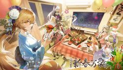 5girls absurdres aerial_fireworks air_conditioner alternate_costume balloon bikini black_kimono blonde_hair blue_kimono blush bonsai bottle brown_hair closed_mouth commentary_request eating fireworks food girls&#039;_frontline girls&#039;_frontline_2:_exilium grey_hair groza_(girls&#039;_frontline_2) highres holding holding_bottle indoors japanese_clothes kadomatsu kimono korean_commentary kotatsu krolik_(girls&#039;_frontline_2) long_hair looking_at_viewer mayling_shen_(girls&#039;_frontline_2) mochi mochi_trail multiple_girls nemesis_(girls&#039;_frontline_2) one_side_up open_mouth ots-14_(girls&#039;_frontline) ponytail print_bikini purple_kimono side_ponytail smile swimsuit table vepley_(girls&#039;_frontline_2) white_hair window zero_o0101