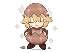 1girl :3 blonde_hair brown_shoes brown_sweater chibi chibi_only closed_eyes closed_mouth egg eggshell facing_viewer grey_sweater_vest hair_between_eyes hair_flaps hatching long_sleeves no_nose plaid_clothes plaid_sweater_vest regurusu_(nagarevosi) shoes short_hair sidelocks simple_background smile solo sparkle sweater sweater_vest twitter_username urotsuki white_background yume_2kki