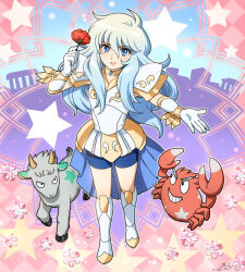 1boy adapted_costume alternate_costume animalization armor blonde_hair blue_eyes blue_hair blue_skirt boots cancer_death_mask capricorn_shura crab eyelashes flower gloves goat gold_necklace gold_trim gradient_hair grin hands_up holding holding_flower jewelry knee_boots looking_at_viewer magical_boy male_focus mizuhara_aki mole mole_under_eye multicolored_hair neck_ring necklace open_mouth outstretched_hand pauldrons pink_background pisces_aphrodite red_flower red_rose rose saint_seiya shoulder_armor showgirl_skirt skirt smile solo_focus star_(symbol) trap two-tone_hair v-shaped_eyebrows v-shaped_eyes white_armor white_boots white_gloves