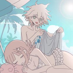 1boy 1girl :d animal_bag ball bare_shoulders bikini blunt_bangs breasts brown_hair cat_bag collarbone danganronpa_(series) danganronpa_2:_goodbye_despair danganronpa_s:_ultimate_summer_camp day flipped_hair galaga grey_hair hair_between_eyes holding_unworn_jacket jacket komaeda_nagito komanami_kawaii large_breasts messy_hair mole mole_on_breast nanami_chiaki navel open_mouth pink_bag pink_eyes smile swimsuit white_bikini white_jacket