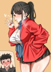 1boy 1girl absurdres black_eyes black_hair black_skirt blue_ribbon blush boyfriend_(yoru_mac) breasts bright_pupils commentary_request cowboy_shot fellatio_gesture food_in_mouth girlfriend_(yoru_mac) hand_in_pocket hand_up heart highres inset jacket large_breasts long_hair looking_at_viewer miniskirt neck_ribbon open_clothes open_jacket open_mouth orange_background pleated_skirt ponytail red_jacket ribbon school_uniform shirt simple_background skirt solo_focus white_pupils white_shirt woo_(woosan) yoru_mac