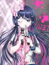Rule 34 | 1girl, blood, blue eyes, blue sailor collar, blue skirt, bow, bowtie, center frills, closed mouth, danganronpa: trigger happy havoc, danganronpa (series), frills, hair bow, hair ornament, hairclip, highres, holding, holding knife, idol, knife, long hair, long sleeves, looking at viewer, maizono sayaka, microphone, moon (moon0771110), official alternate costume, pink blood, pink bow, pink bowtie, pleated skirt, sailor collar, shirt, skirt, smile, upper body, white shirt