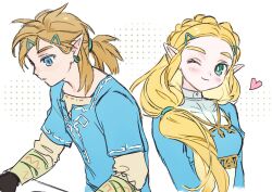 Rule 34 | 1boy, 1girl, aqua eyes, aqua shirt, aqua tunic, blonde hair, blush, braid, breasts, crown braid, earrings, green eyes, hair ornament, hair over shoulder, hair tie, hairclip, jewelry, link, low ponytail, medium breasts, nintendo, one eye closed, opleillle, parted bangs, pointy ears, ponytail, princess zelda, shirt, sidelocks, smile, the legend of zelda, the legend of zelda: breath of the wild, tunic, upper body, white background