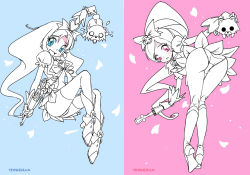 Rule 34 | 10s, 2girls, analoguma, aqua background, ass, bent over, blue eyes, boots, brooch, cure blossom, cure marine, eyelashes, flower tact, hanasaki tsubomi, heart, heart brooch, heartcatch precure!, high ponytail, jewelry, knee boots, kurumi erika, magical girl, multiple girls, panties, pedobear, pink background, pink eyes, ponytail, precure, teruchan, underwear