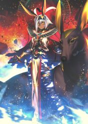 1girl ancient_egyptian_clothes animal animal_ears ankh ankh_necklace asymmetrical_sidelocks bandaged_arm bandaged_leg bandages belt black_bandages blue_hair blue_headband blue_skin breasts cape closed_mouth colored_skin dark-skinned_female dark_skin earrings expressionless eye_of_horus facial_mark fate/grand_order fate_(series) floating_hair full_body game_cg glowing_skin gold_bracer gold_earrings gold_thighlet hair_between_eyes hands_up headband high_collar hoop_earrings implied_extra_ears jackal jackal_ears jewelry legs_apart light_particles looking_at_viewer medium_breasts multicolored_hair multicolored_skin nitocris_(fate) nitocris_alter_(fate) nitocris_alter_(second_ascension)_(fate) no_pants official_art pelvic_curtain red_cape shima_udon short_hair sideless_outfit solo standing streaked_hair third-party_source torn_cape torn_clothes two-tone_hair two-tone_headband two-tone_skin underboob underbust variant_set very_dark_skin white_hair yellow_eyes yellow_headband