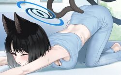 1girl alternate_costume animal_ear_fluff animal_ears ass bakeneko black_eyes black_hair black_tail blue_archive blue_halo blush breasts cat_ears cat_girl cat_stretch cat_tail cleavage clothing_cutout commentary_request crop_top grey_pants grey_shirt halo highres indoors kikyou_(blue_archive) looking_at_viewer medium_breasts midriff multiple_tails one_eye_closed open_mouth pants pizza_(pizzania_company) shirt short_hair solo stretching sweat tail tail_through_clothes top-down_bottom-up two_tails yoga_pants