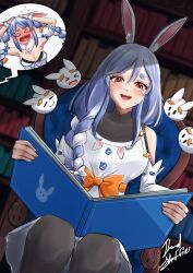 &gt;_&lt; 2girls absurdres animal_ears arm_garter blue_hair blush bodystocking book bookshelf bow carrot chair covered_collarbone don-chan_(usada_pekora) dress ears_down embarrassed flying_sweatdrops hair_bow highres hololive ikmal_shaffie long_braid multicolored_hair multiple_girls on_chair open_book open_mouth orange_bow pekomama rabbit_ears rabbit_girl red_eyes signature sitting smile streaked_hair usada_pekora usada_pekora_(1st_costume) virtual_youtuber white_bow white_dress white_hair