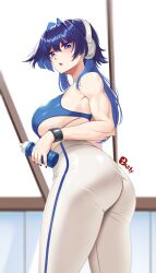 1girl absurdres ass ass_focus biceps black_nails blue_eyes blue_hair blue_sports_bra bottle breasts hair_intakes headphones highres holding holding_bottle hololive hololive_english large_breasts looking_at_viewer midriff open_mouth ouro_kronii pants sideboob solo sports_bra tasty_(dudwofla) underboob virtual_youtuber water_bottle white_pants wristband yoga_pants