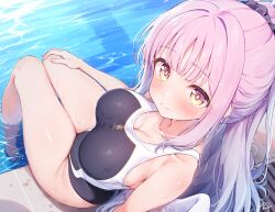 1girl absurdres blue_archive blush breasts cleavage e-note feathered_wings from_above halo highres large_breasts long_hair looking_at_viewer low_wings mika_(blue_archive) open_mouth partially_submerged pink_hair pool school_swimsuit sitting solo swimsuit trinity_general_school_swimsuit two-tone_one-piece_swimsuit wading white_wings wing_ornament wings yellow_eyes
