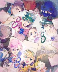 1girl 5boys appmon asuka_torajirou digimon digimon_universe:_appli_monsters dokamon gatchmon gloves hackmon_(appmon) hat helmet hood karan_eri katsura_hajime katsura_rei metal_gloves multiple_boys musimon offmon ozora_yujin shinkai_haru