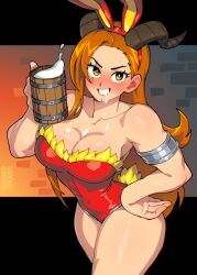 1girl 333_(dqqqdle) animal_ears armlet armpits artist_name beer_mug blush breasts cleavage commission cup drunk fake_animal_ears full-face_blush hand_on_own_hip highres holding holding_cup horns jewelry large_breasts leotard long_hair looking_at_viewer mug open_mouth orange_hair original rabbit_ears red_leotard saliva second-party_source sheep_horns smile solo very_long_hair wooden_cup yellow_eyes
