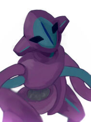 1other black_eyes blank_eyes blue_skin blurry butter_(oshi8kyoumoh) colored_skin deoxys deoxys_(normal) deoxys_copy depth_of_field gen_3_pokemon highres looking_at_viewer multicolored_skin mythical_pokemon nintendo no_mouth other_focus pokemon pokemon:_destiny_deoxys pokemon_(anime) pokemon_(creature) pokemon_rse_(anime) purple_skin simple_background solo standing tentacles two-tone_skin white_background