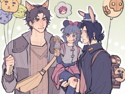 2boys animal_ears arcane:_league_of_legends arcane_jayce arcane_professor_heimerdinger arcane_vi balloon bandaid bandaid_on_knee bandaid_on_leg black_hair blitzcrank blue_hair brown_hair carrying carrying_person clothes_around_waist cosplay fake_animal_ears fanny_pack hashtag-only_commentary highres holding holding_balloon holding_ice_cream_cone ice_cream_cone jacket jacket_around_waist jayce_(league_of_legends) jinx_(league_of_legends) judy_hopps judy_hopps_(cosplay) league_of_legends looking_at_another minnie_mouse_ears multiple_boys nick_wilde nick_wilde_(cosplay) pink_hair powder_(arcane) ring_yoo silco_(arcane) smile speech_bubble spoken_character vander_(arcane) vi_(league_of_legends) viktor_(arcane) viktor_(league_of_legends)