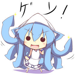 1girl animal_ears benauxi blue_hair blush cat_ears cat_tail catfish chibi dress fangs female_focus fish hat hazuki_ruu ikamusume kemonomimi_mode open_mouth pun shinryaku!_ikamusume solo tail tentacle_hair tentacles white_dress