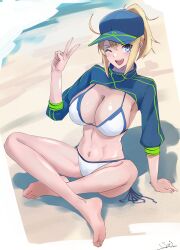 1girl absurdres ahoge artoria_pendragon_(fate) barefoot baseball_cap beach bikini blonde_hair blue_eyes blue_hat blue_jacket blue_shrug blush breasts cleavage cropped_jacket fate/grand_order fate_(series) hat highres indian_style jacket large_breasts long_hair long_sleeves looking_at_viewer mysterious_heroine_xx_(fate) navel one_eye_closed open_mouth ponytail s4ika shrug_(clothing) side-tie_bikini_bottom sidelocks sitting smile solo swimsuit v variant_set white_bikini wristband