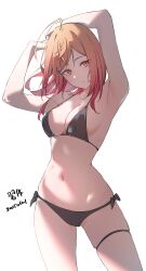 Rule 34 | 1girl, absurdres, ahoge, alternate costume, arm above head, armpits, arms up, bare arms, bare shoulders, bikini, black bikini, breasts, cleavage, closed mouth, cowboy shot, dated, gradient hair, halterneck, highres, hololive, hololive dev is, ichijou ririka, inuinuo gataken, long hair, looking at viewer, medium breasts, multicolored hair, navel, orange eyes, orange hair, side-tie bikini bottom, signature, simple background, solo, stomach, string bikini, swept bangs, swimsuit, thigh strap, virtual youtuber, white background