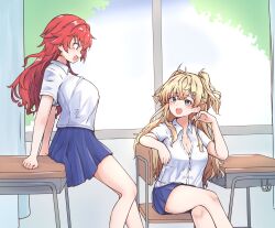 2girls 702_(naotsu) alternate_costume blonde_hair blue_eyes blue_skirt breasts cleavage collared_shirt desk dress_shirt feet_out_of_frame highres kantai_collection long_hair medium_breasts minneapolis_(kancolle) multiple_girls open_mouth phoenix_(kancolle) pleated_skirt red_eyes red_hair school_desk school_uniform shirt shoes sitting skirt smile two_side_up uwabaki white_shirt window