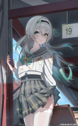 1girl absurdres alphaart bag black_hairband black_sailor_collar blue_sky bow bowtie breasts brown_bag buttons cellphone closed_mouth collarbone commentary_request cowboy_shot day double-breasted firefly_(honkai:_star_rail) firefly_(spring_missive)_(honkai:_star_rail) gradient_hair green_bow green_bowtie green_eyes green_hair green_pupils grey_hair grey_skirt hair_ornament hairband high-waist_skirt highres holding holding_bag holding_phone honkai:_star_rail honkai_(series) indoors light_blush long_hair long_sleeves looking_at_viewer medium_breasts multicolored_hair official_alternate_costume paid_reward_available phone plaid_clothes plaid_skirt pleated_skirt sailor_collar school_bag school_uniform serafuku shirt skirt sky smartphone smile solo thighhighs thighs twitter_username white_shirt white_thighhighs zettai_ryouiki