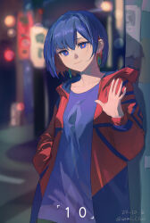1girl absurdres blue_eyes blue_hair blue_jacket blurry blurry_background bokeh braid city closed_mouth colored_inner_hair cowboy_shot dated depth_of_field diamond_earrings dress earrings hand_in_pocket hand_up head_tilt highres hood hood_down hooded_jacket jacket jewelry kamitsubaki_studio long_sleeves multicolored_eyes multicolored_hair multicolored_jacket open_clothes open_jacket purple_dress red_eyes red_hair red_jacket rim_(kamitsubaki_studio) shadow short_dress side_braid smile solo twitter_username two-tone_jacket urban utility_pole virtual_youtuber waving yellow_pupils zhongmu