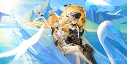 2girls absurdres arm_up black_hat black_thighhighs blonde_hair blue_eyes boat breasts chef_hat cleavage closed_mouth commentary_request cryokinesis day detached_sleeves dress escoffier_(genshin_impact) feet_out_of_frame floating_hair frown genshin_impact hat highres holding holding_ladle holding_umbrella in-universe_location ladle long_hair looking_at_viewer medium_breasts mixed-language_commentary month_345 mountainous_horizon multiple_girls navia_(genshin_impact) open_mouth outdoors parasol partial_commentary sitting smile strapless strapless_dress sunlight swan_boat thighhighs twitter_username umbrella upper_body water watercraft white_hat white_thighhighs wind yellow_umbrella