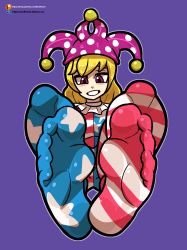 Rule 34 | 1girl, blonde hair, blush, clownpiece, feet, foot focus, grin, hat, highres, long hair, looking at viewer, pantyhose, purple eyes, reathroch, smile, soles, solo, toes, touhou