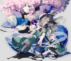 4girls aqua_eyes bandages bloomers blue_hat blue_kimono boots breasts brown_boots brown_shoes cherry_blossoms cherry_tree cleavage fingerless_gloves full_body gloves green_eyes green_skirt green_vest hat highres holding holding_sword holding_weapon japanese_clothes katana kimono knee_boots konpaku_youmu konpaku_youmu_(ghost) long_sleeves mob_cap multiple_girls pink_hair red_eyes saigyouji_yuyuko sheath shirt shoes short_hair simple_background skirt smile sword touhou triangular_headpiece underwear vest weapon white_background white_hair white_shirt wide_sleeves xian_qishui